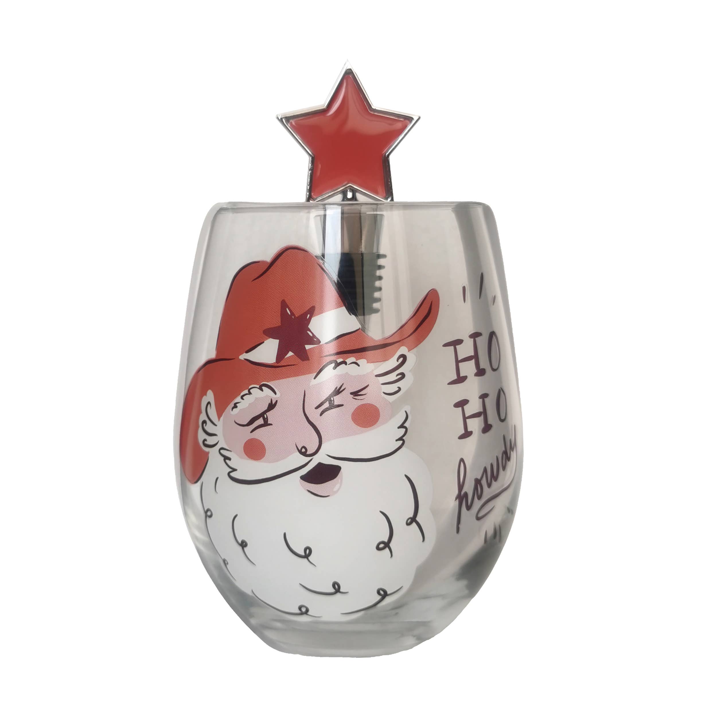 Cowboy Santa stemless glass has the text Ho Ho Howdy and includes a bottle stopper