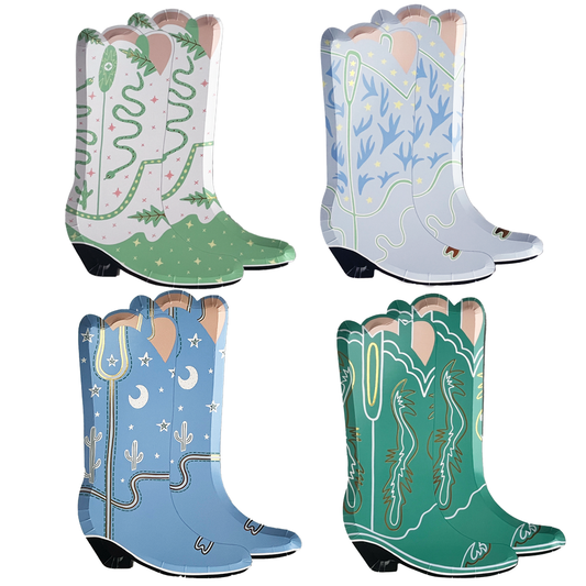 Paper dinner plates made to resemble colorful cowboy boots 