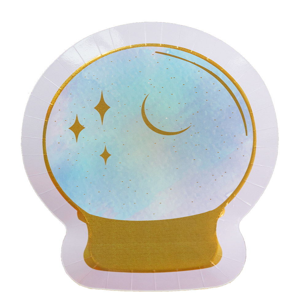 Dinner paper plates shaped like a crystal ball with a stars and a moon design