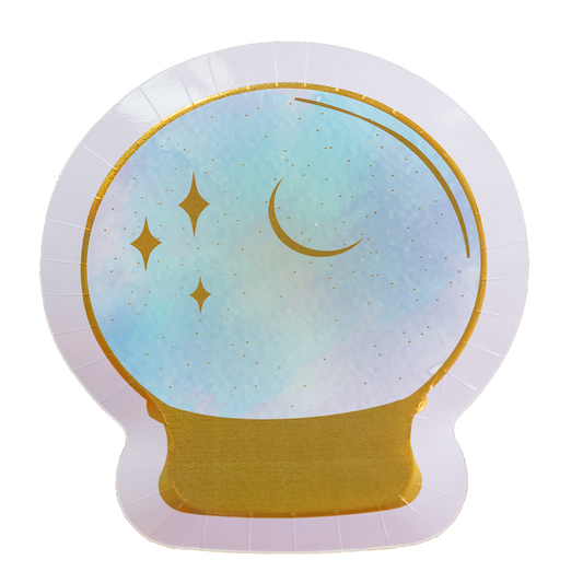 Dinner paper plates shaped like a crystal ball with a stars and a moon design