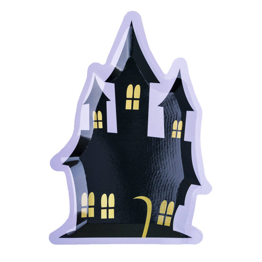 Halloween-themed die-cut haunted house paper dessert plates