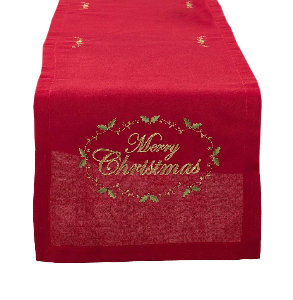 Embroidered Merry Christmas Red Table Runner 14" x 72