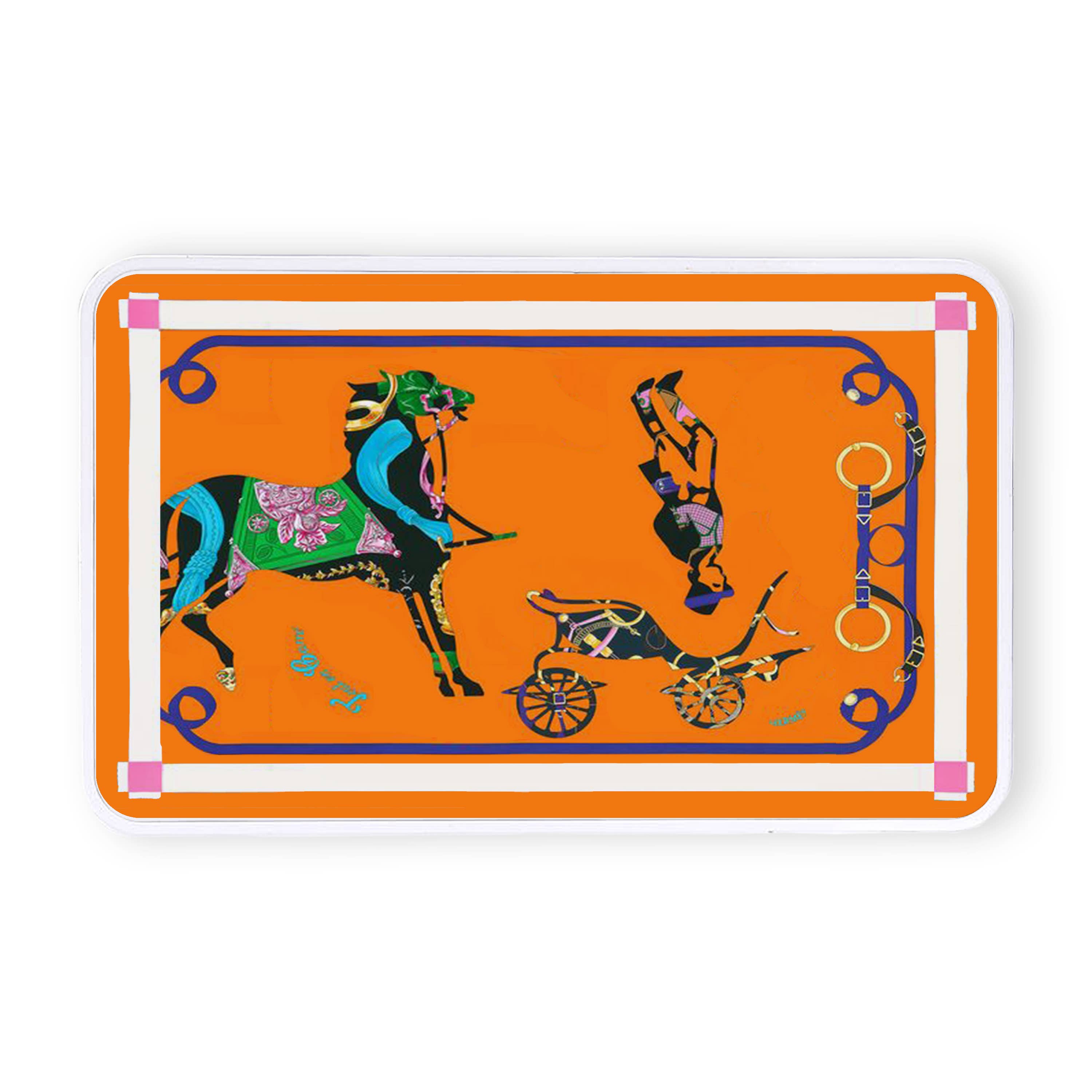 Decorative mat with horse and chariot design on an orange background
