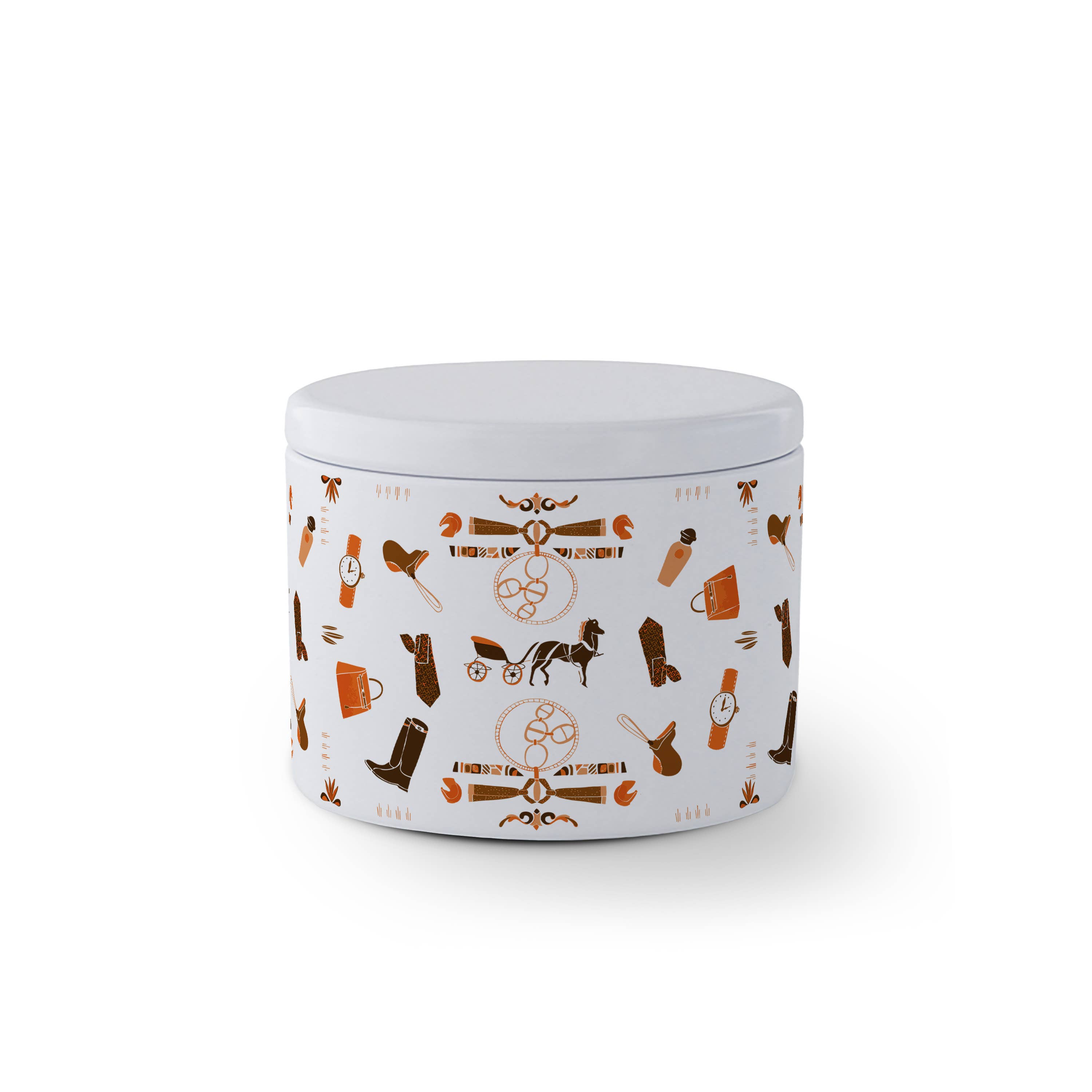 White container with brown and orange color illustrations of equestrian related items.