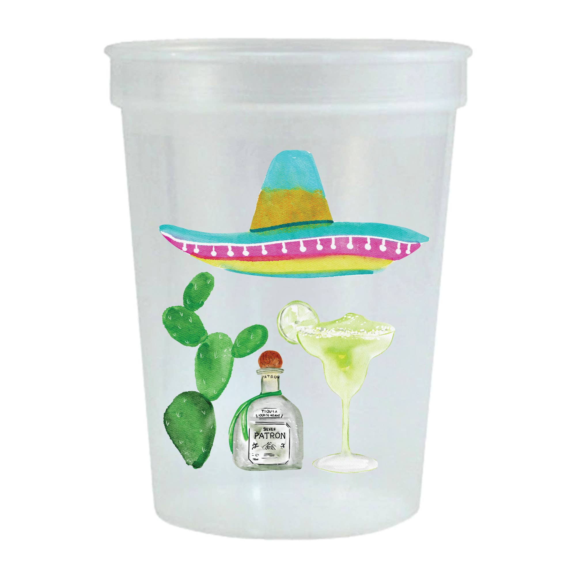 Frosted plastic cups illustrated  with colorful sombrero, cactus, Patron tequila bottle, and margarita glass