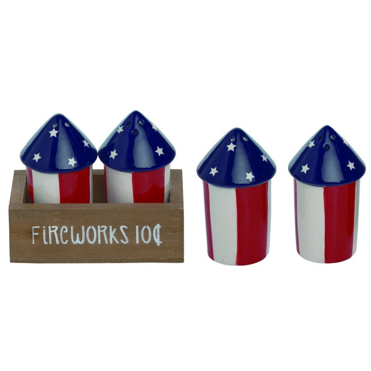 Set of ceramic firework-shaped salt and pepper shakers with American flag design 
