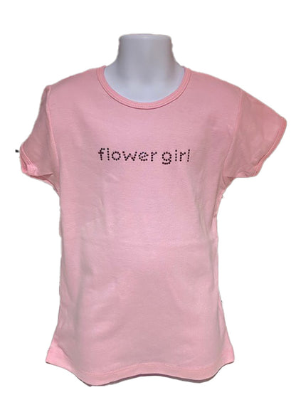 Pink short sleeve kids tee shirt with the text Flower Girl in rose color crystal rhinestones