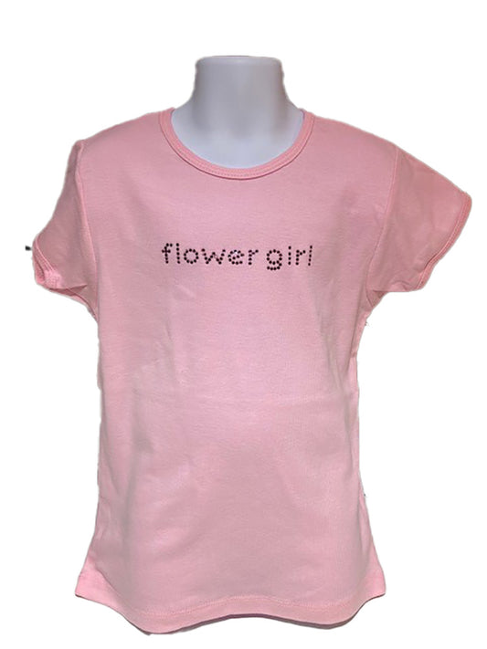 Pink short sleeve kids tee shirt with the text Flower Girl in rose color crystal rhinestones