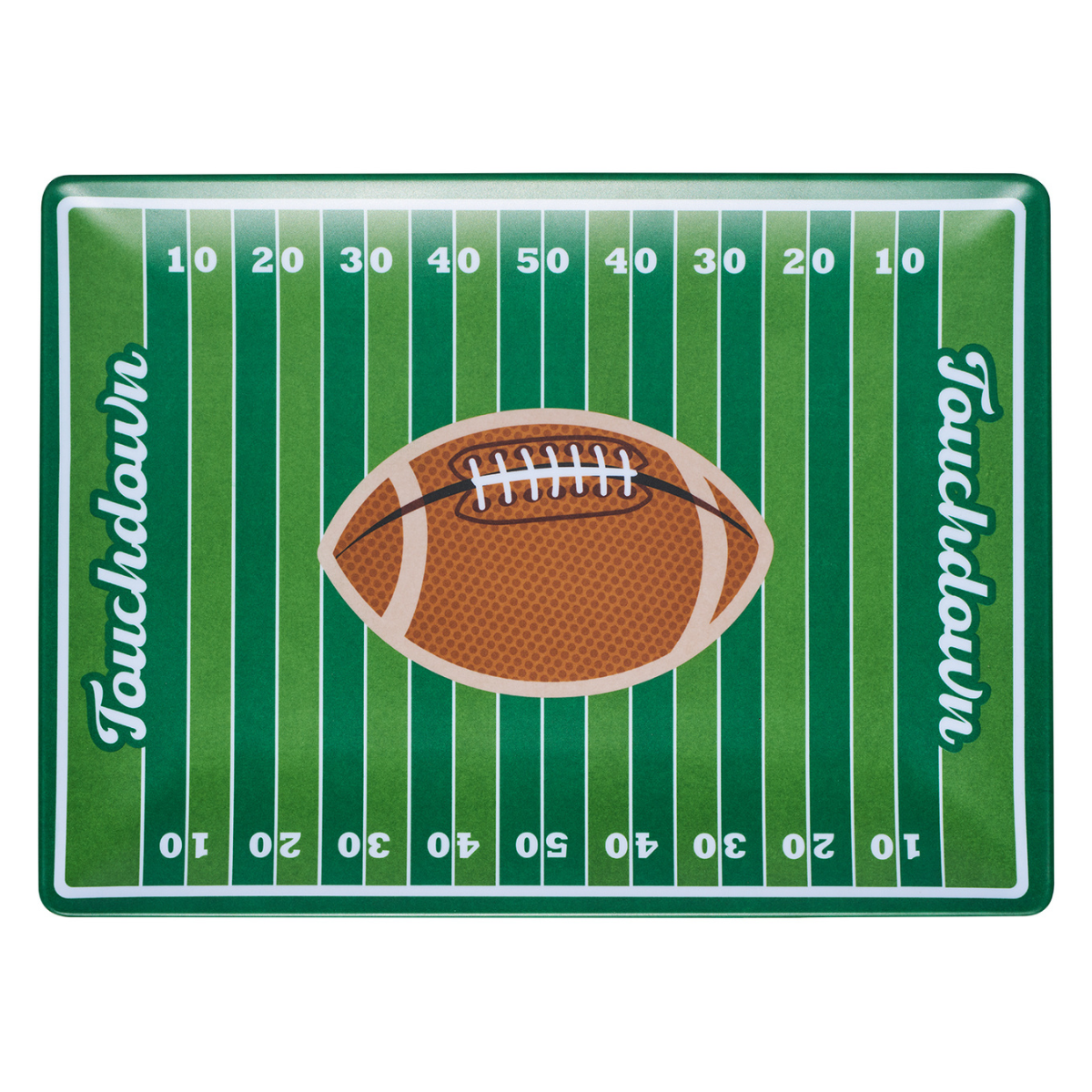A rectangular melamine platter made to resemble a football field with green and white stripes, white yard numbers, a brown football in the center, and the word 'Touchdown' written vertically on both sides.