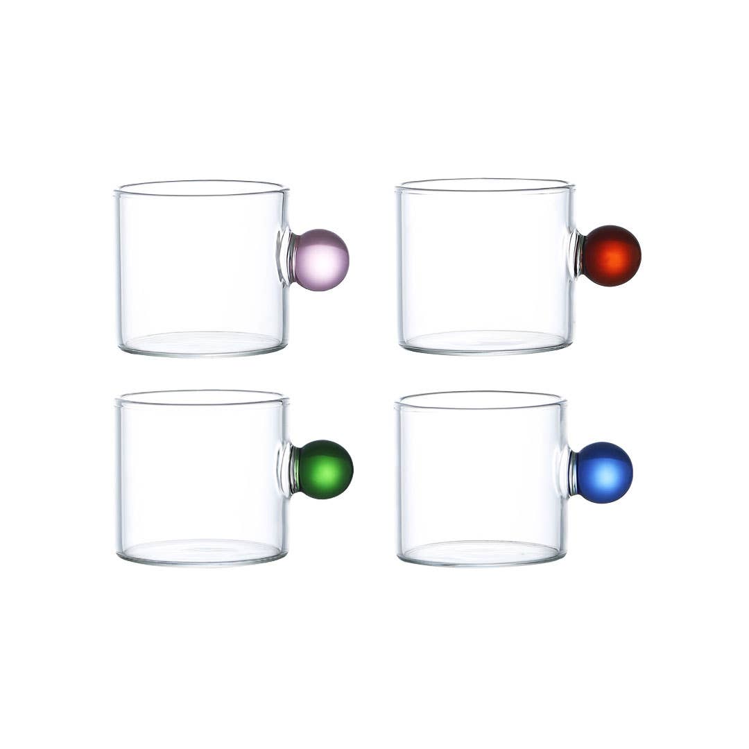 Glass Espresso Cups with Translucent Color Ball Handles Set of 4