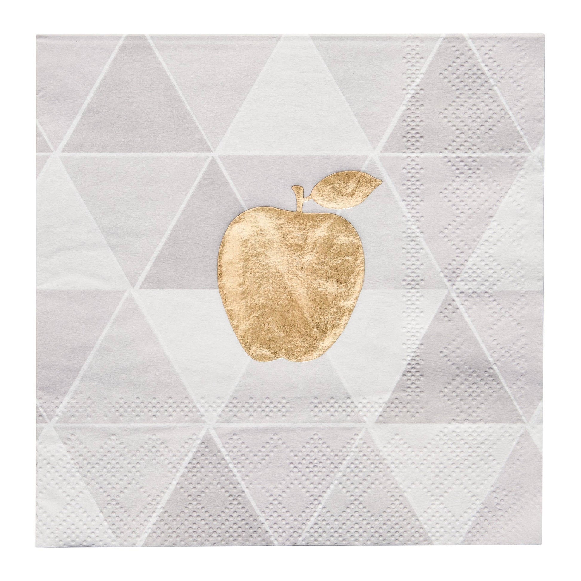 Gold apple on a gray and white geometric background.