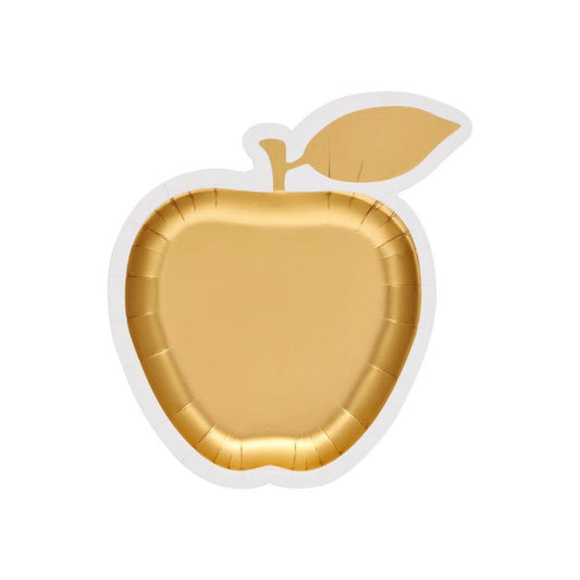 Gold metallic foil apple-shaped die cut  paper plates.