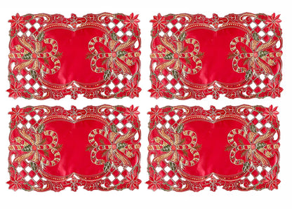 Gold Sequin Holly Bows Red Placemats