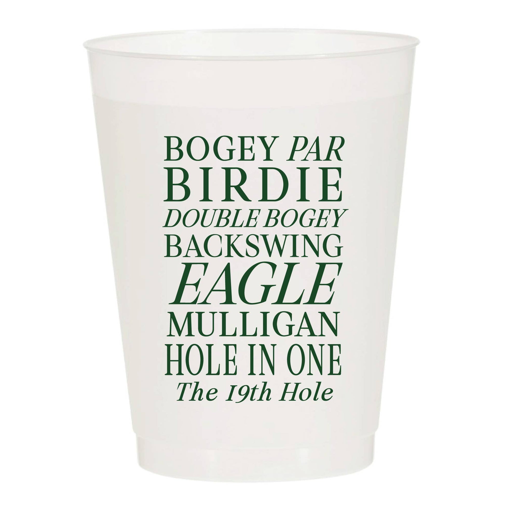 Frosted plastics cup with green text listing golf terms 