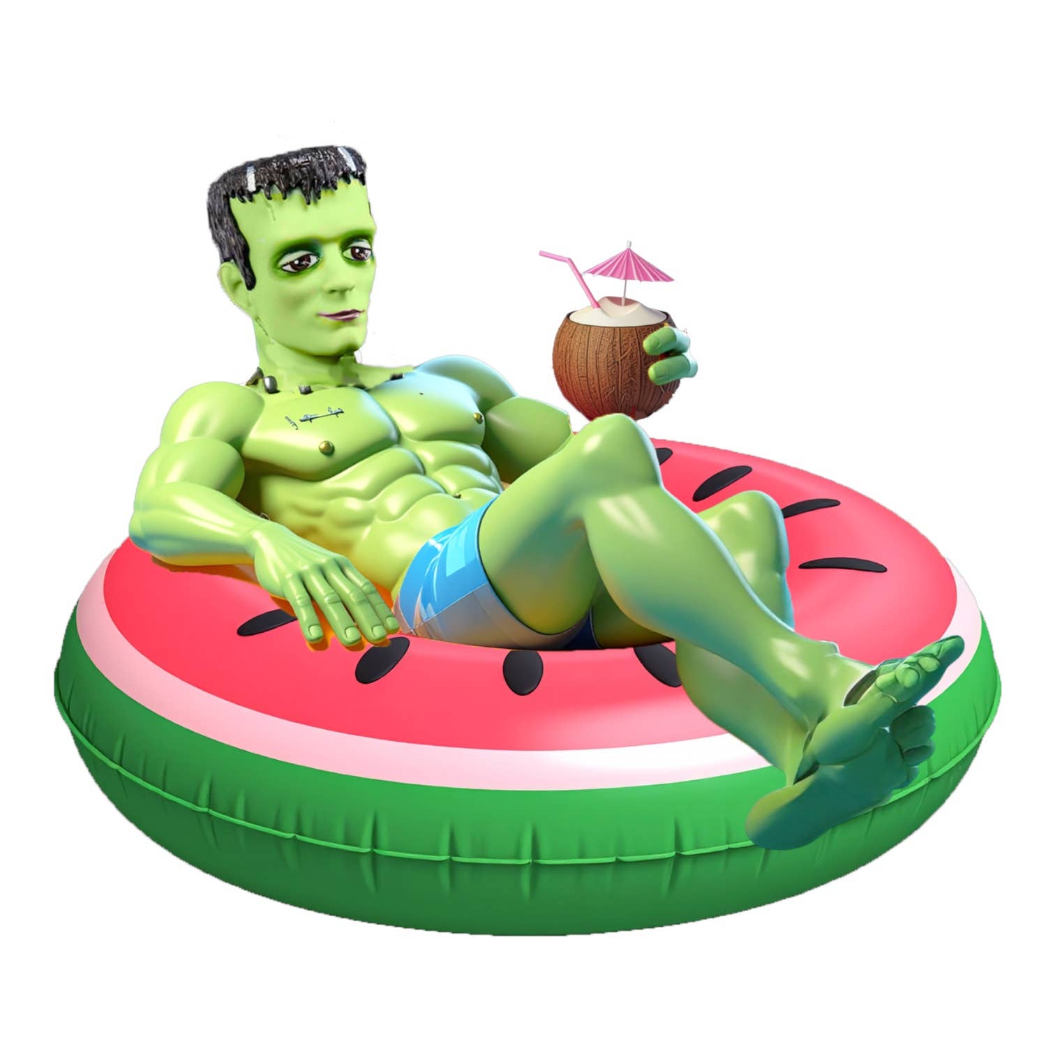 Green monster figurine sitting in an inflatable pool float shaped like a watermelon and  holding a drink.