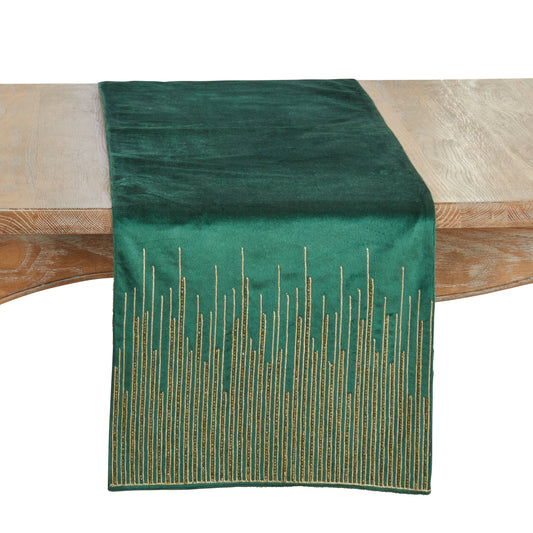 Green velvet table runner with gold beaded lines