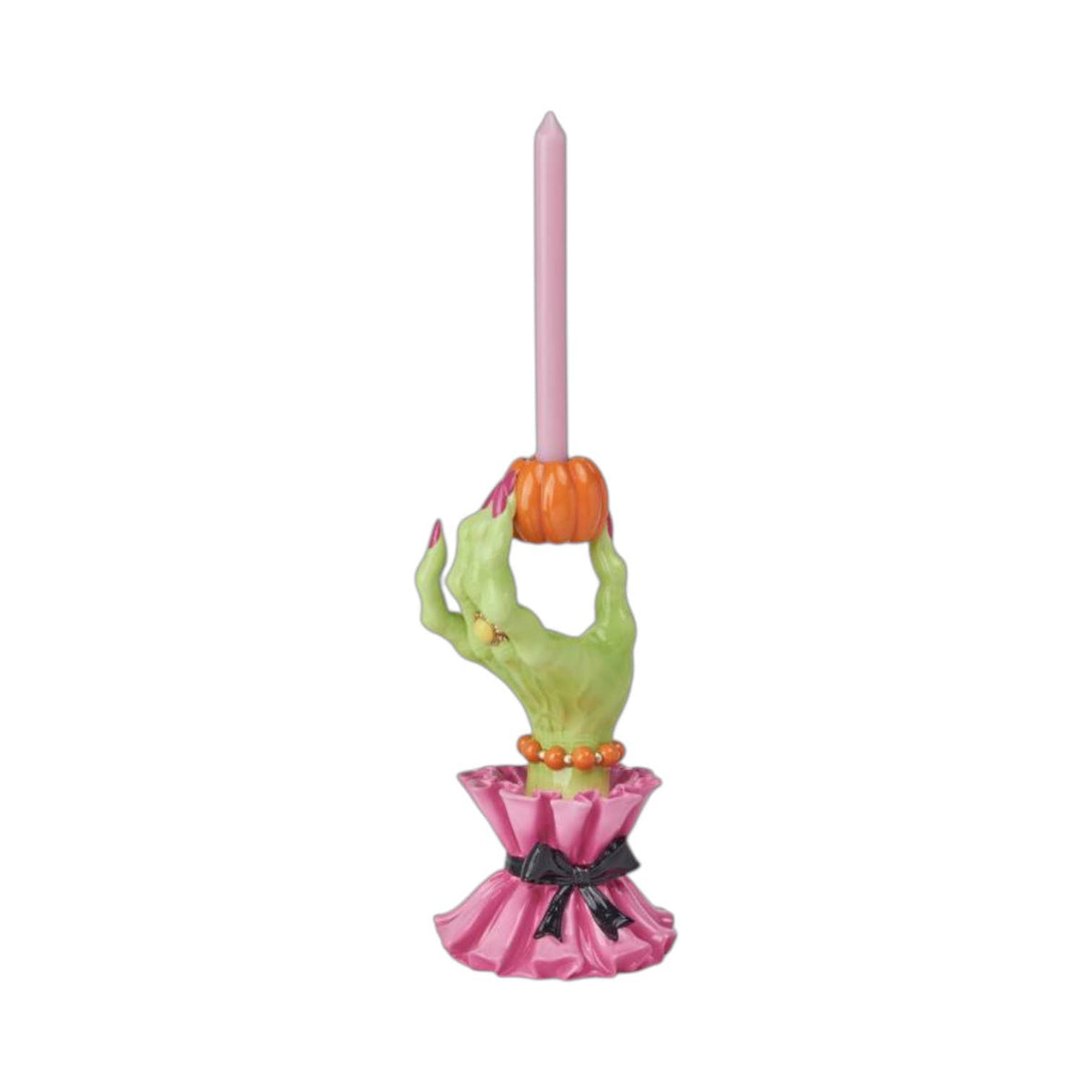 Decorative candle holder shaped like a green witch's hand with pink cuffs. 