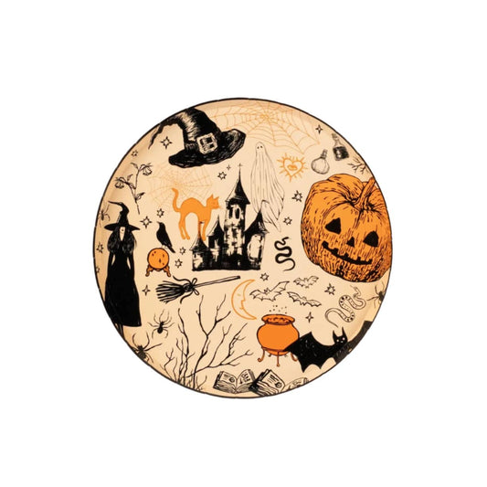 Paper dessert plates with Halloween-themed illustrations of pumpkins cats bats and witches on an ivory background