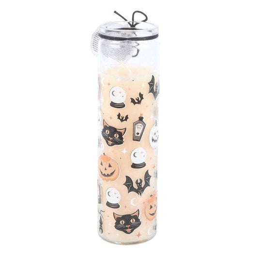 Clear glass tube candleholder with Halloween-themed design 