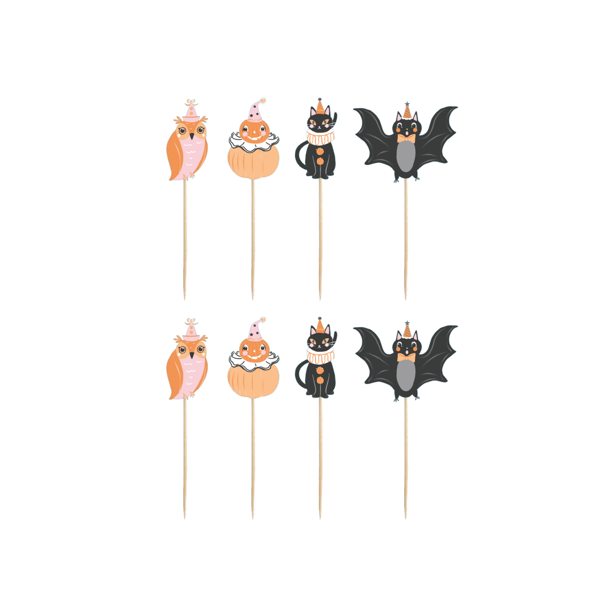 Halloween-themed cake toppers on sticks with cats, bats, and pumpkins.