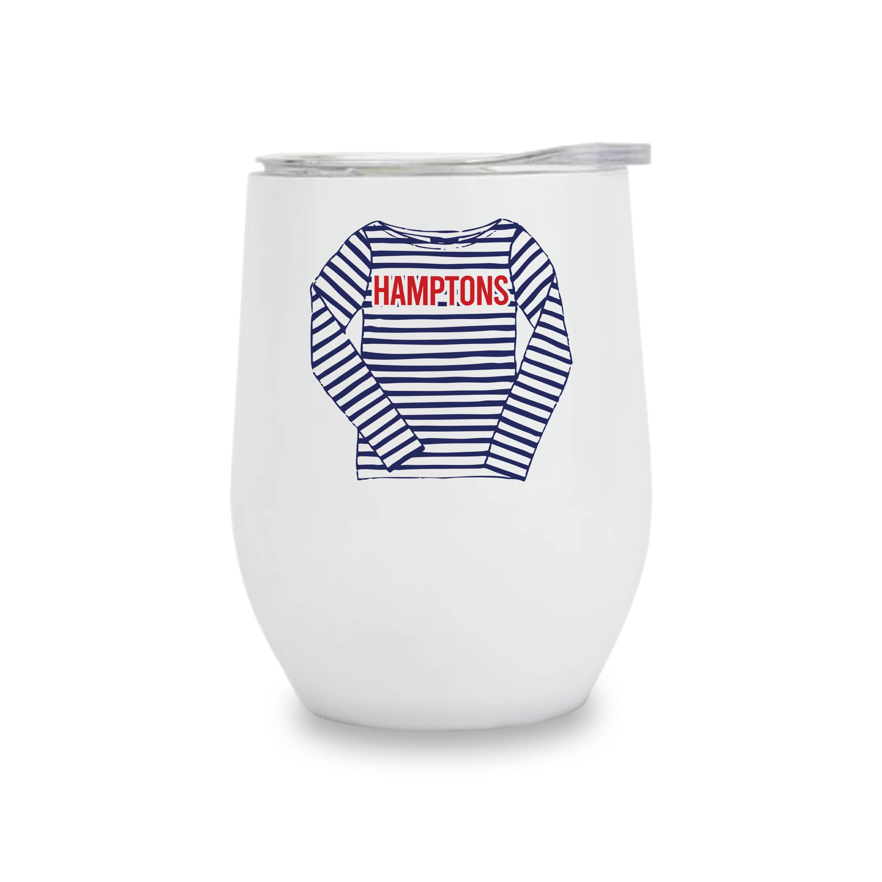 White tumbler with a graphic of a striped shirt and 'HAMPTONS' text on a white background
