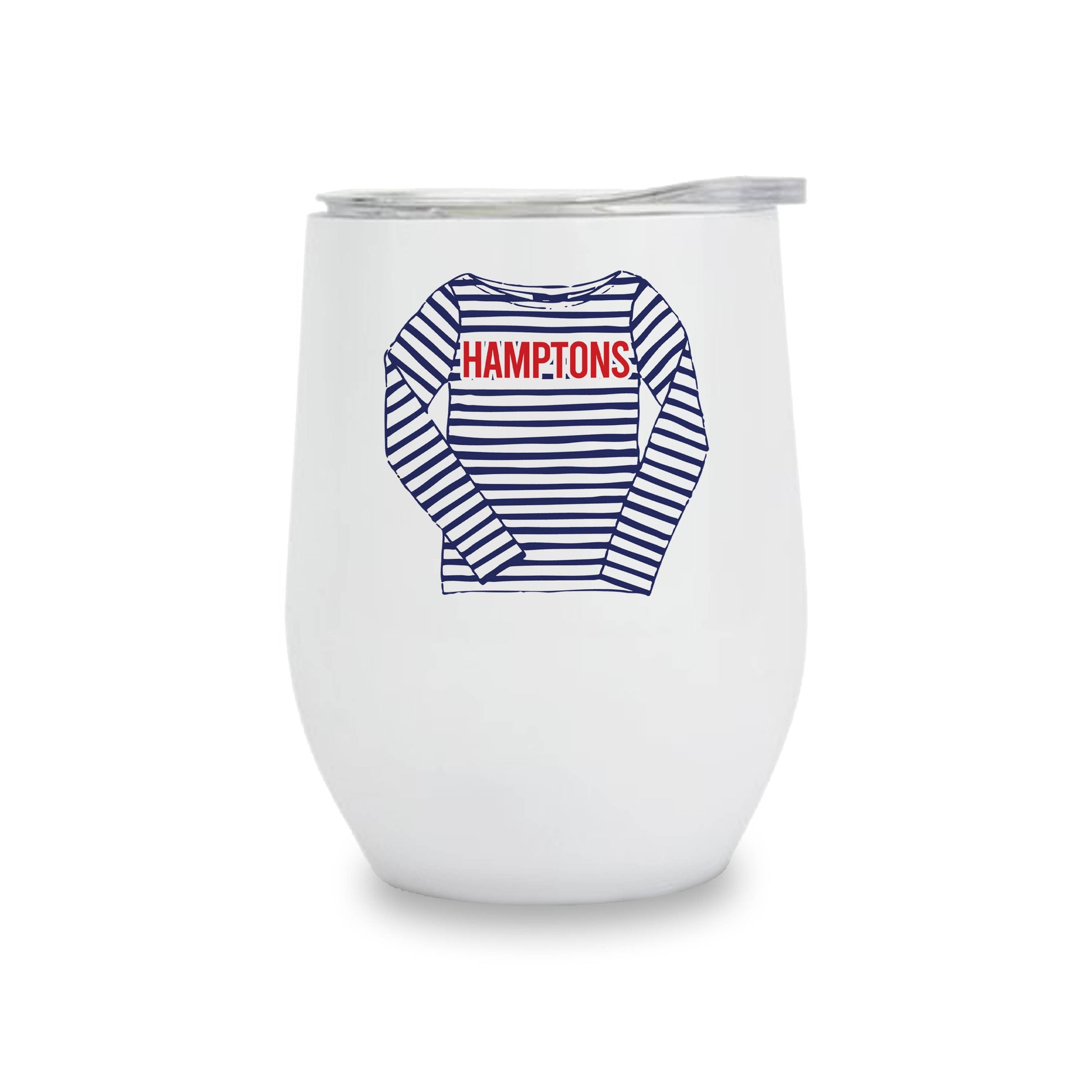 White tumbler with a graphic of a striped shirt and 'HAMPTONS' text on a white background