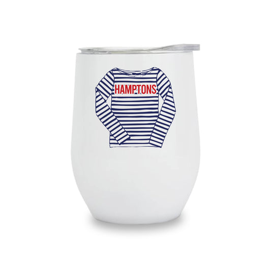 White tumbler with a graphic of a striped shirt and 'HAMPTONS' text on a white background