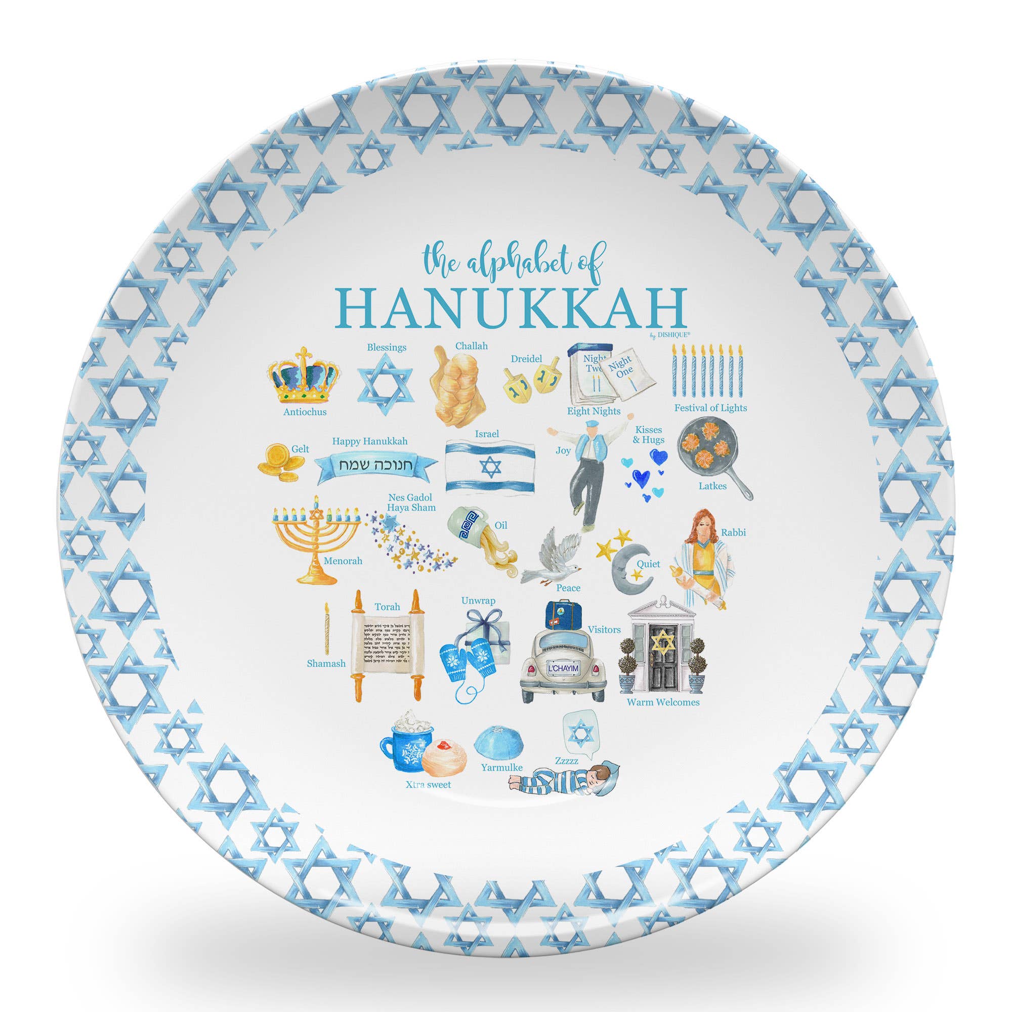 Plastic BPA free dinner plate with illustrations and text related to Hanukkah . 