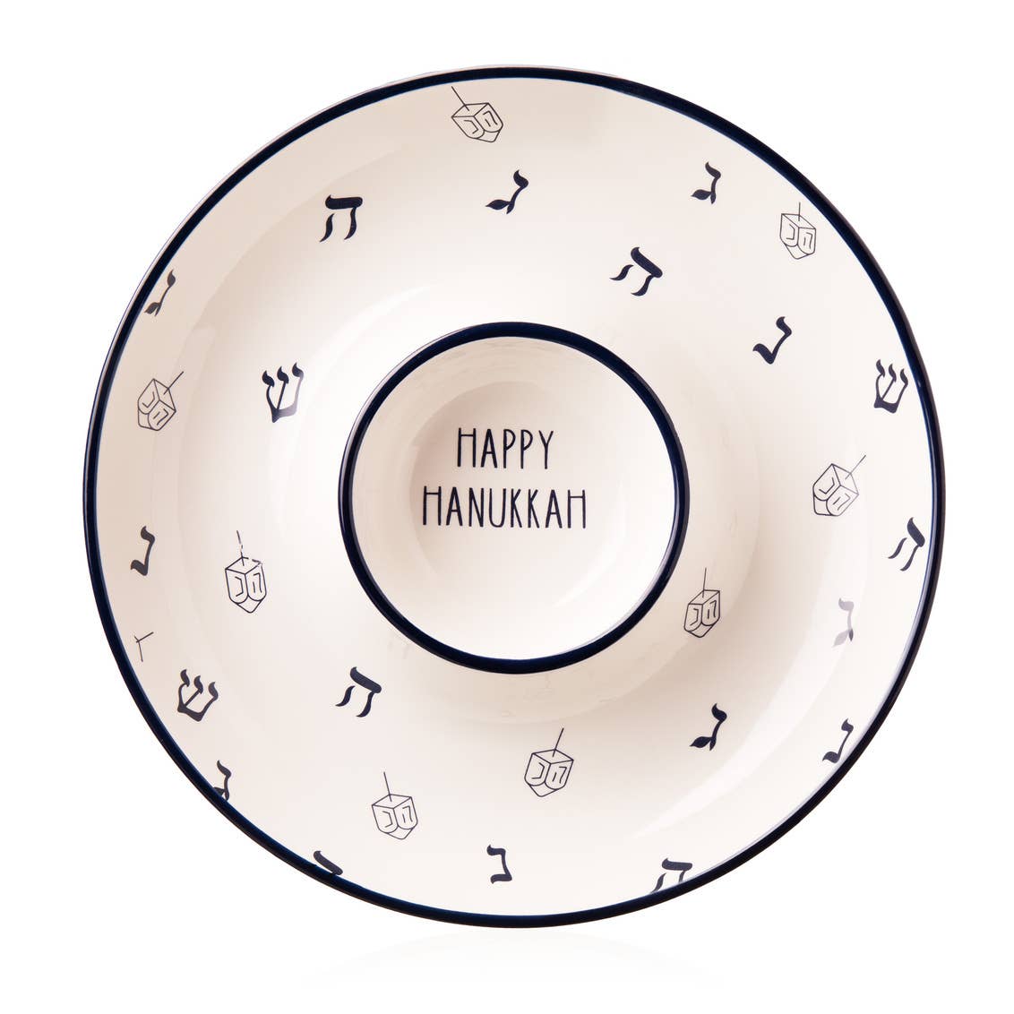 Round chip and dip tray with 'Happy Hanukkah' text and dreidel symbols on a white background