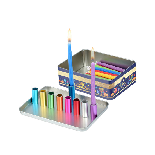 Colorful Hanukkah menorah that comes in a package and has a magnetic base and holders 