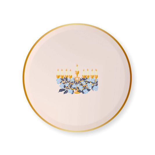 Decorative plate with a menorah design on a white background