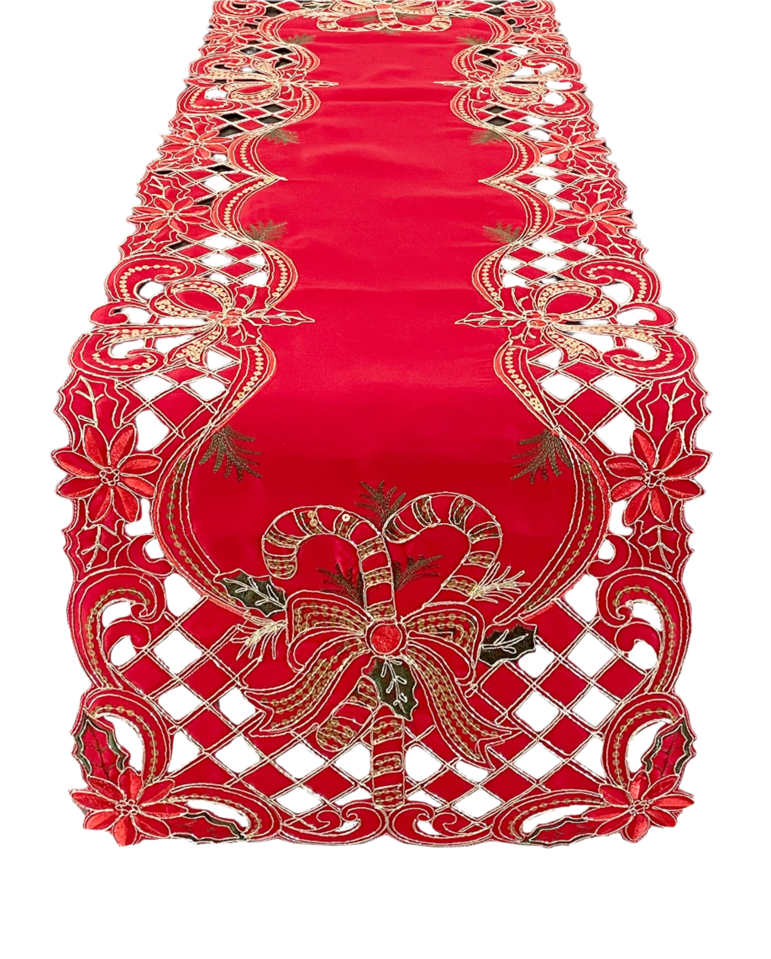 Gold Sequin Holly Bow Red Table Runner 16" x 88