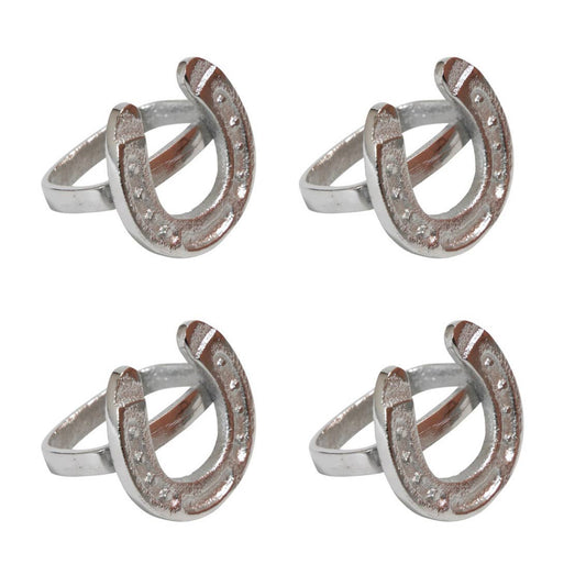 Four silver rings with horseshoe design .