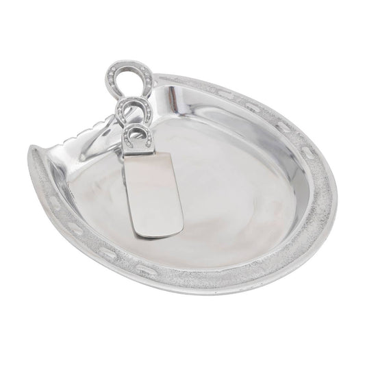 Silver cheese plate made to resemble a horeshoe.  