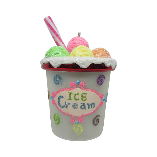 Hanging ornament of an ice cream sundae with colorful ice cream balls and a straw.