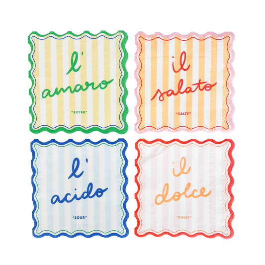 Paper beverage napkins in four colors with Italian text  