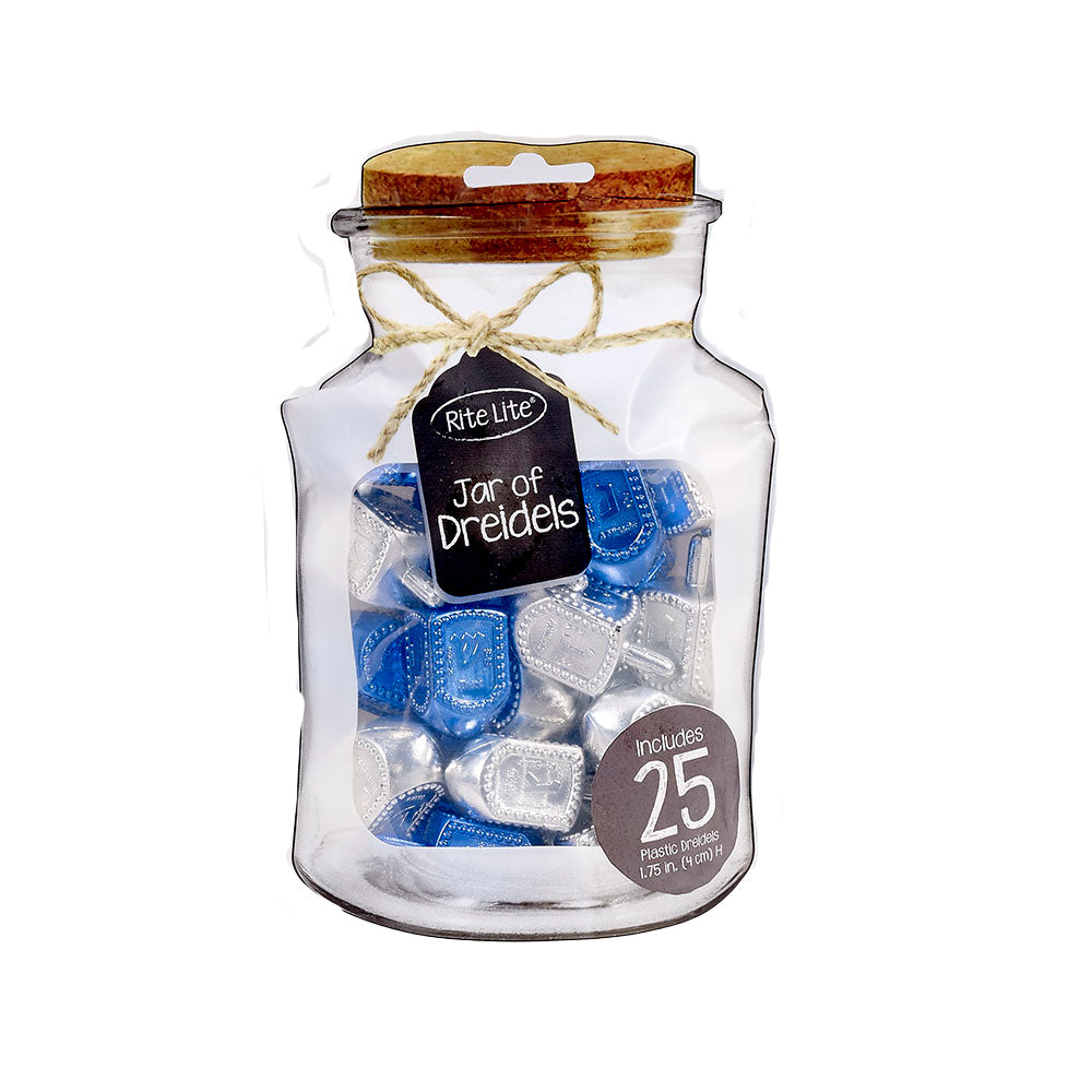 Jar of 25 Metallic Silver and Blue Dreidels