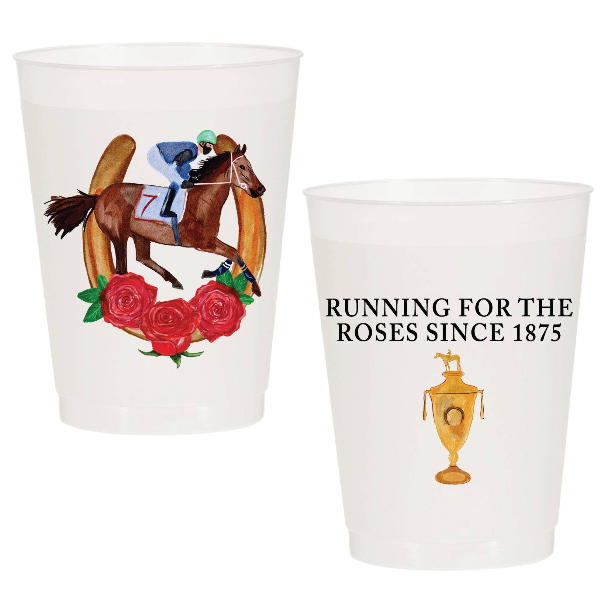 Frosted plastic cups with Kentucky Derby horse racing-themed  