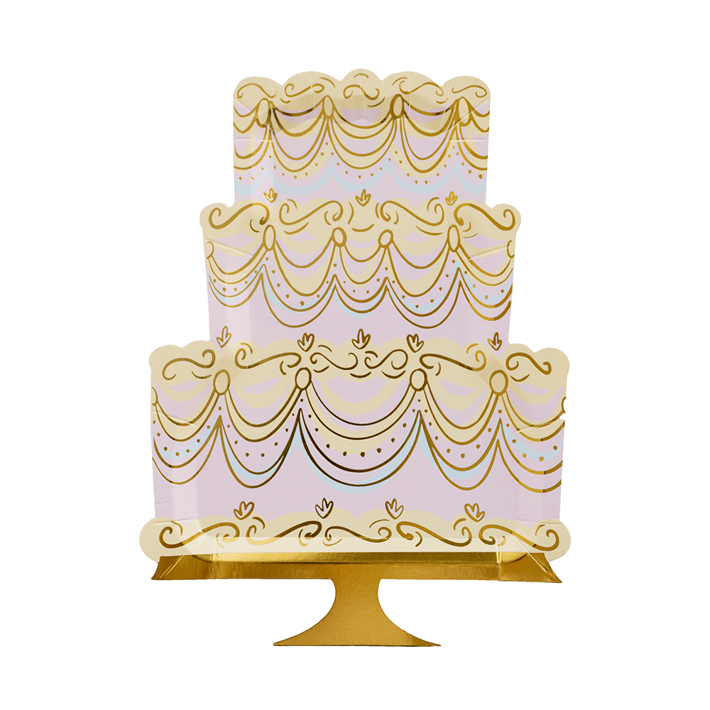 Decorative paper plates designed to look like a three-tiered cake with gold accents 