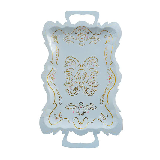 Decorative paper platters in blue with gold intricate patterns  