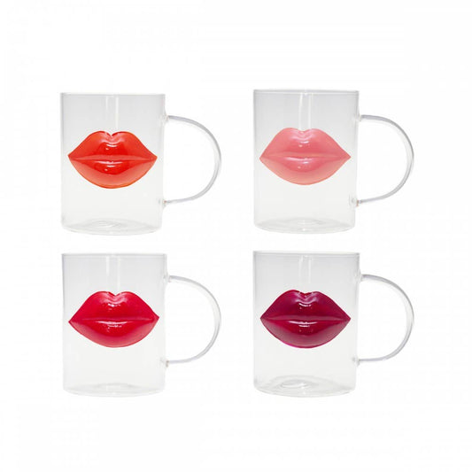 Four clear mugs with red lip designs  