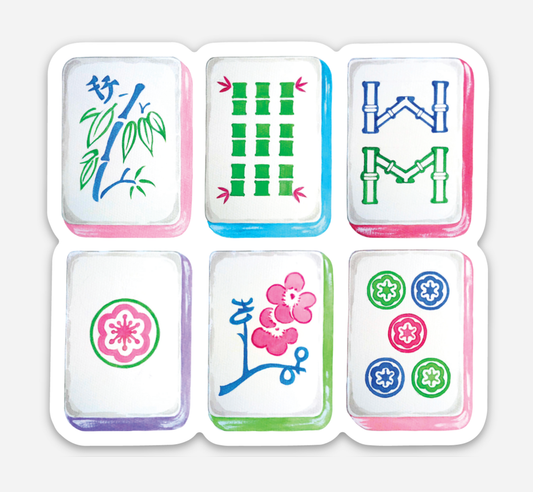Set of six magnets made to resemble colorful mahjong tiles with floral and geometric designs  