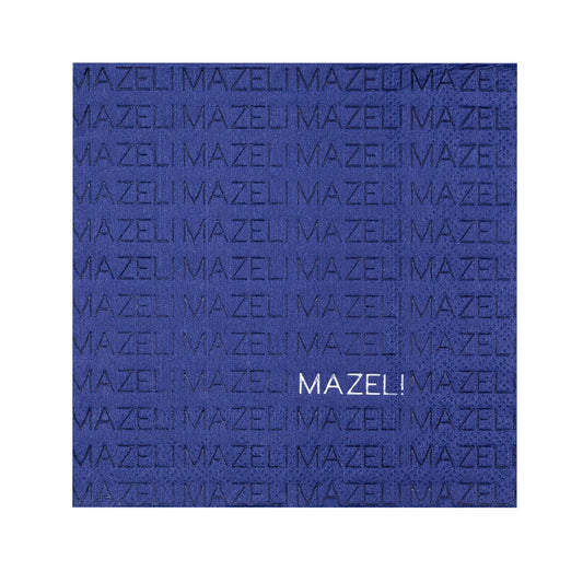 Blue paper beverage napkins with 'MAZEL"  text pattern  