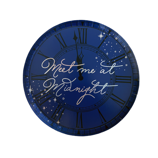 Navy blue paper dessert plates with a clock face and Meet me at Midnight' text  