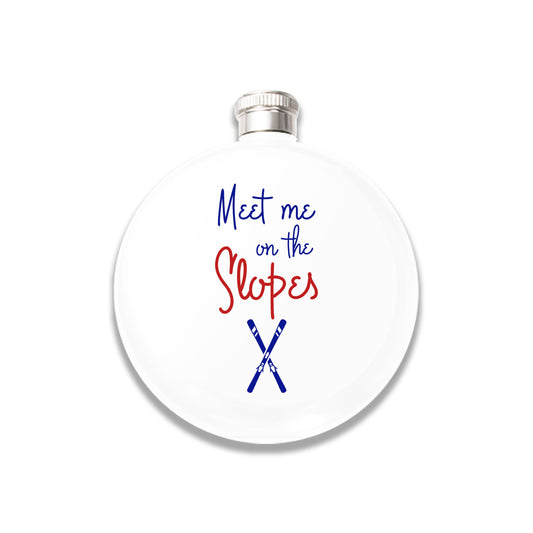 White flask with 'Meet me on the Slopes' text and ski icons on a white background