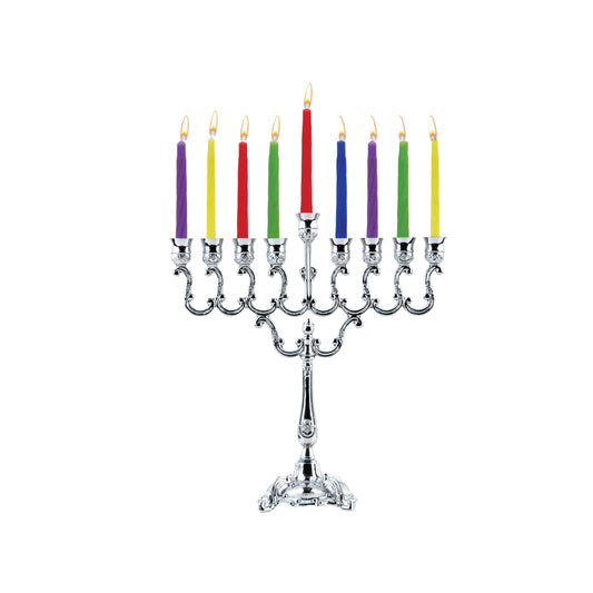 Silver miniature menorah with colorful candles  