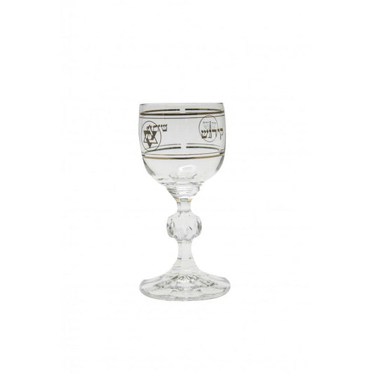 Set if 6 clear glass kiddush cups with silver text and Jewish icons   