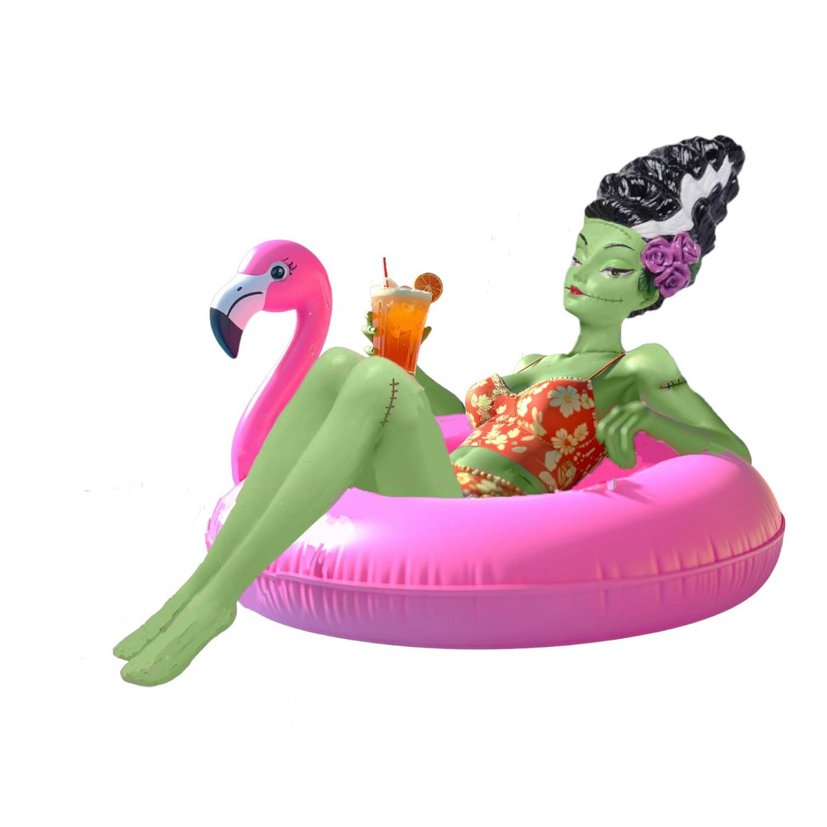 Monster bride character with green skin and black hair sitting on a pink flamingo pool float.