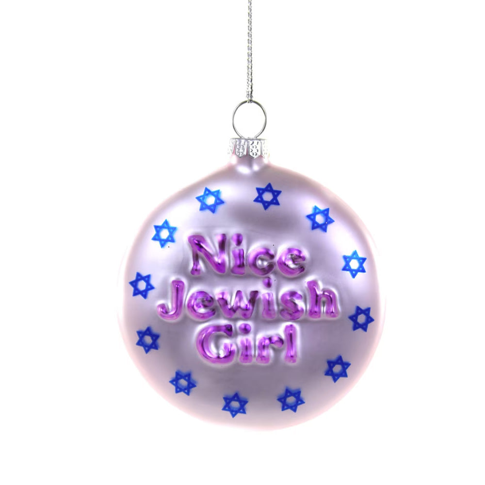 Pink ornament with the words Nice Jewish Girl with a border of blue Star of David