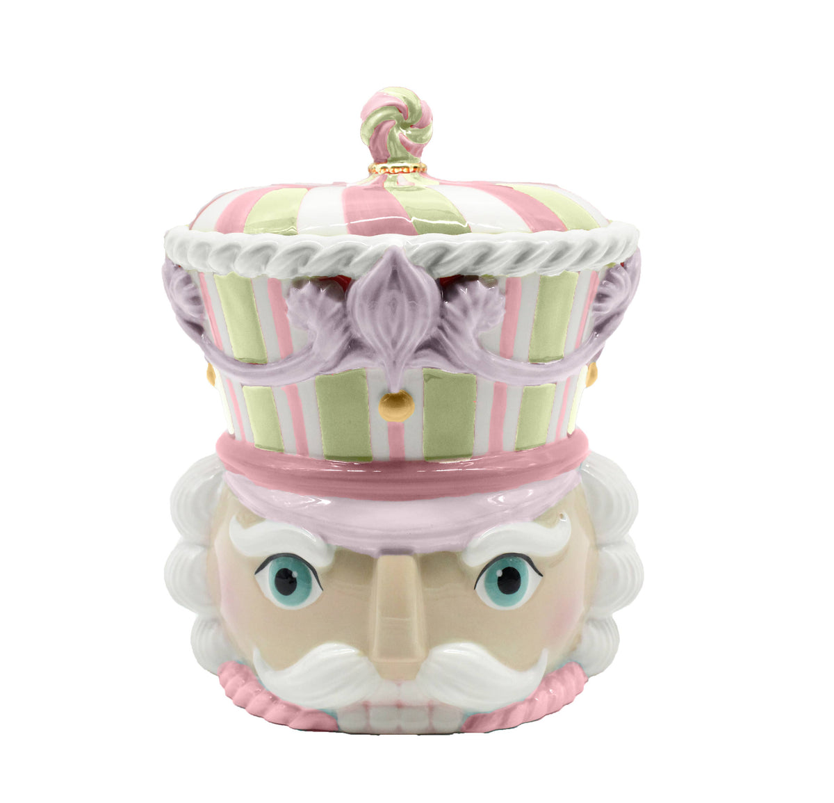 Decorative cookie jar made to resemble the head of a nutcracker in colors of pink and mint green. 